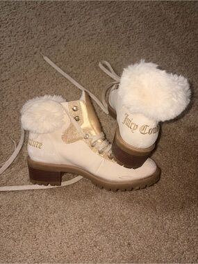Juicy Couture Cream Faux Fur Trim Lace-Up Ankle Booties